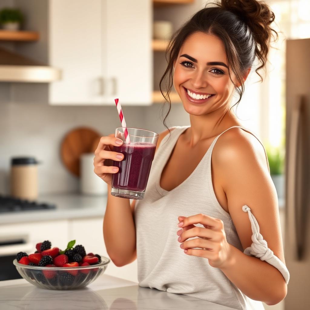 Mujer disfrutando una bebida saludable en su rutina diaria